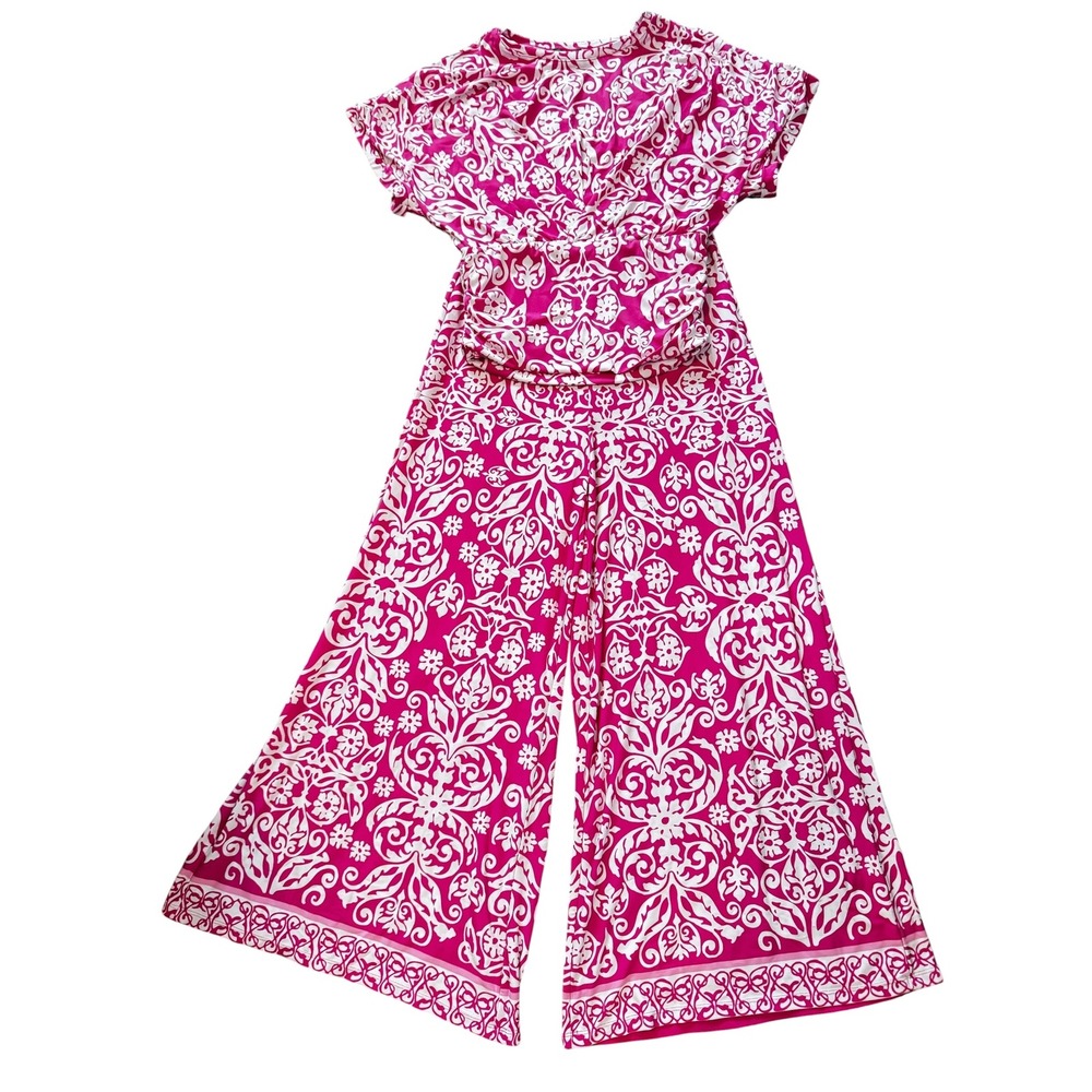 Vince Camuto Womens Festive Pink Damask Print Wide Leg Pant & Top Set S NWT